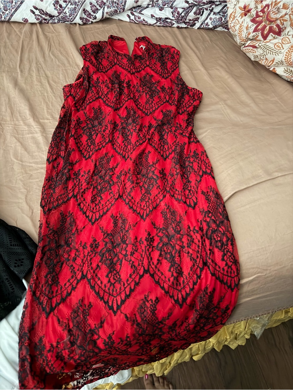 eva mendes for New York & Company Red Dress with Black Lace Overlay